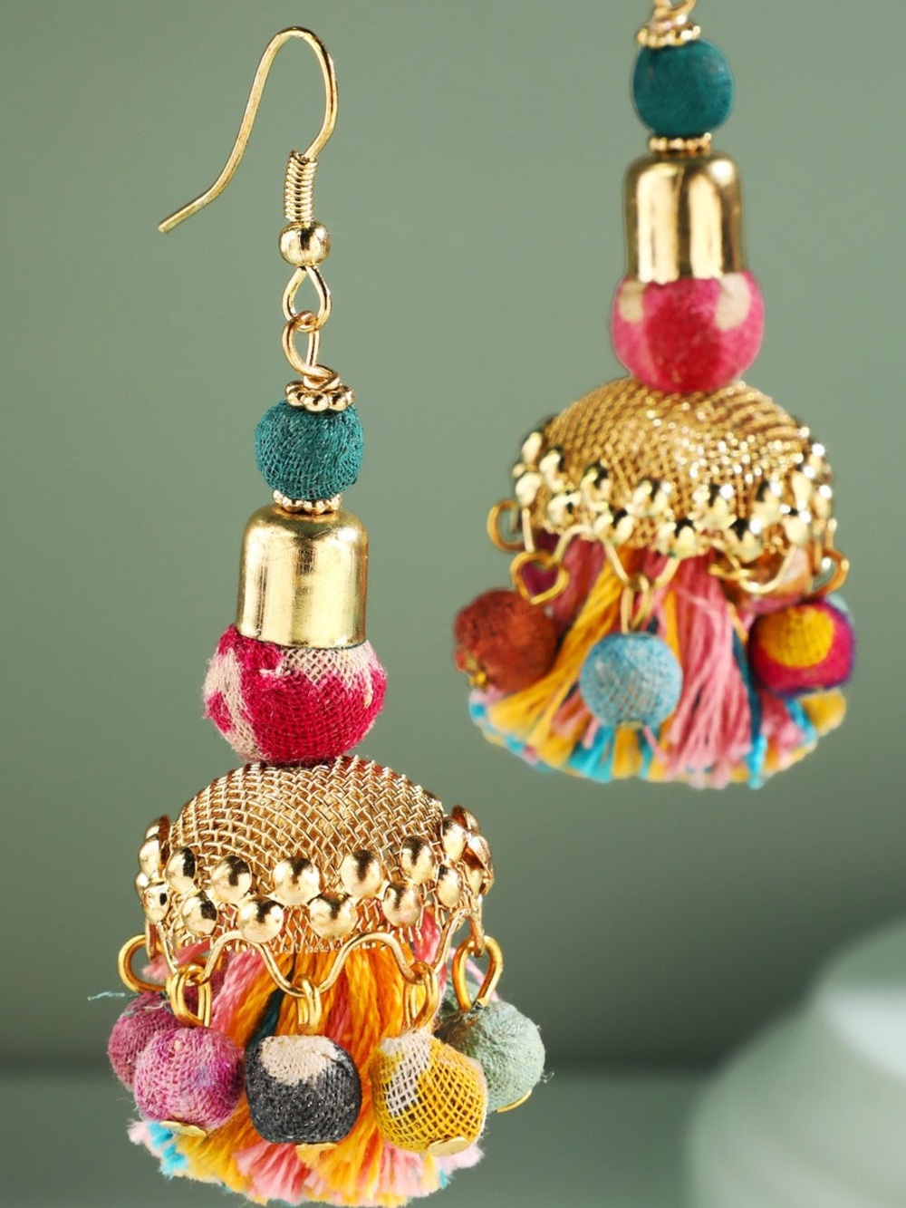 Boho Pink & Teal Tassel Drop Earrings with Gold Accents